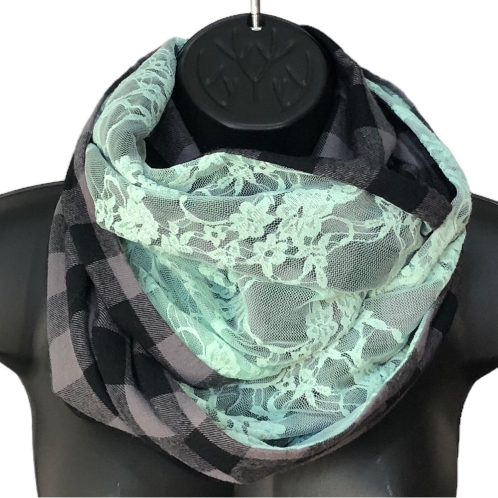 Aqua Lace Grey & Black Flannel Plaid Infinity Scarf Reversible Buttercream​​​​
